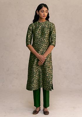 Green Woven Silk Kurta Set
