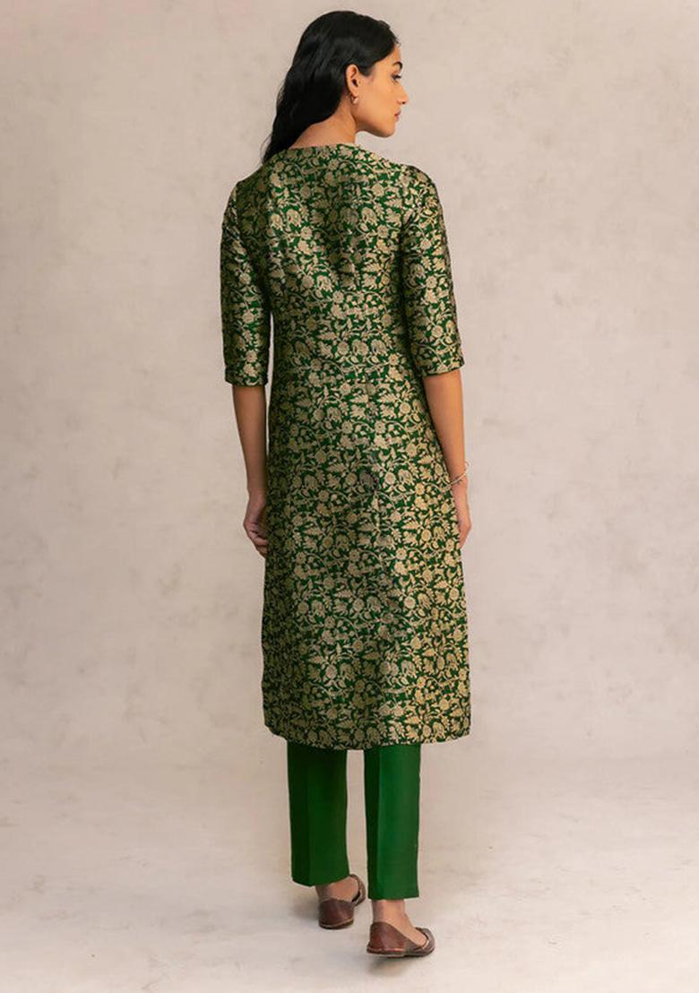 Green Woven Silk Kurta Set