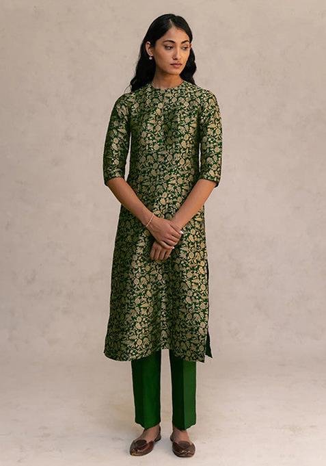 Green Woven Silk Kurta Set