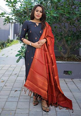 Black Woven Silk Kurta Set