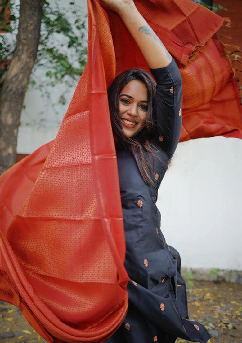 Black Woven Silk Kurta Set