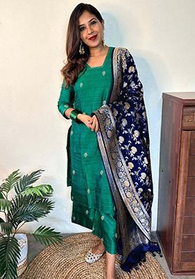 Rama Blue Woven Silk Kurta Set