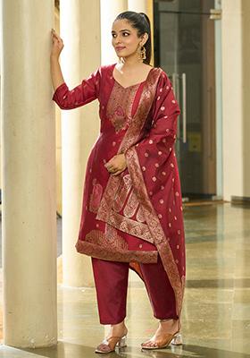 Maroon Woven Silk Kurta Set