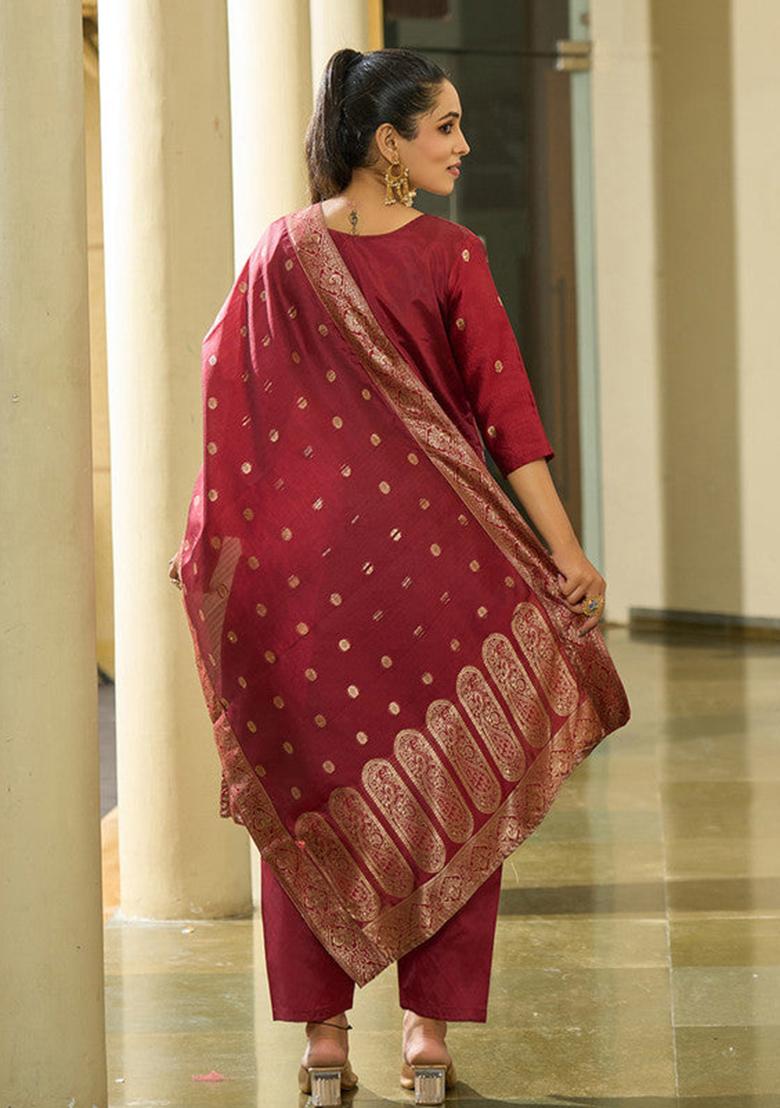 Maroon Woven Silk Kurta Set