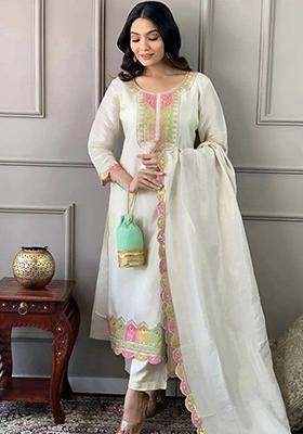 White Embroidered Silk Kurta Set