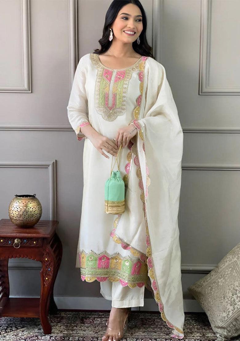 White Embroidered Silk Kurta Set