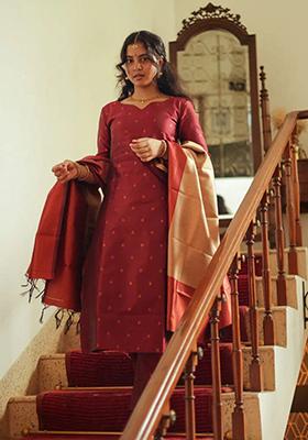 Maroon Woven Silk Kurta Set