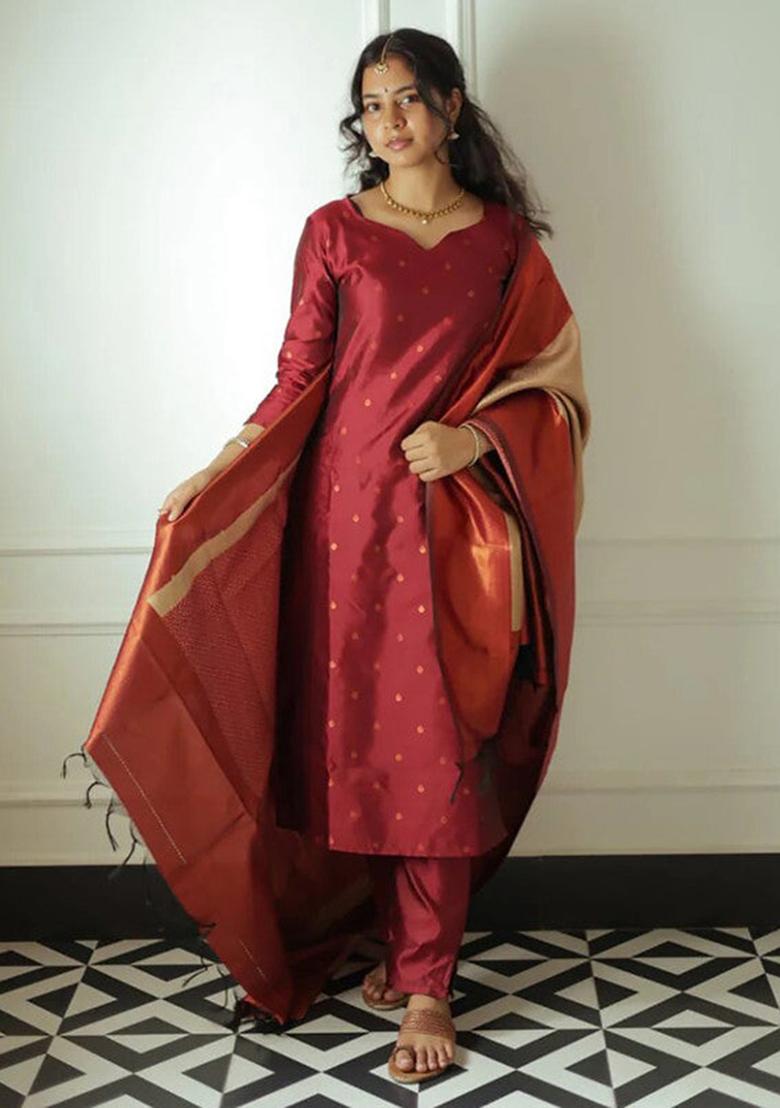 Maroon Woven Silk Kurta Set