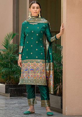 Green Woven Silk Kurta Set