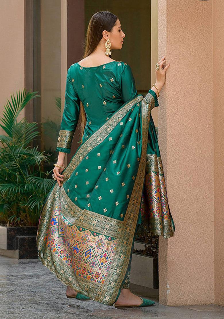 Green Woven Silk Kurta Set