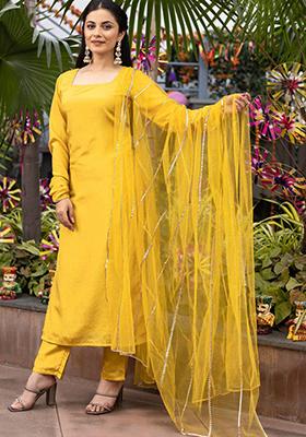 Yellow Solid Silk Kurta Set