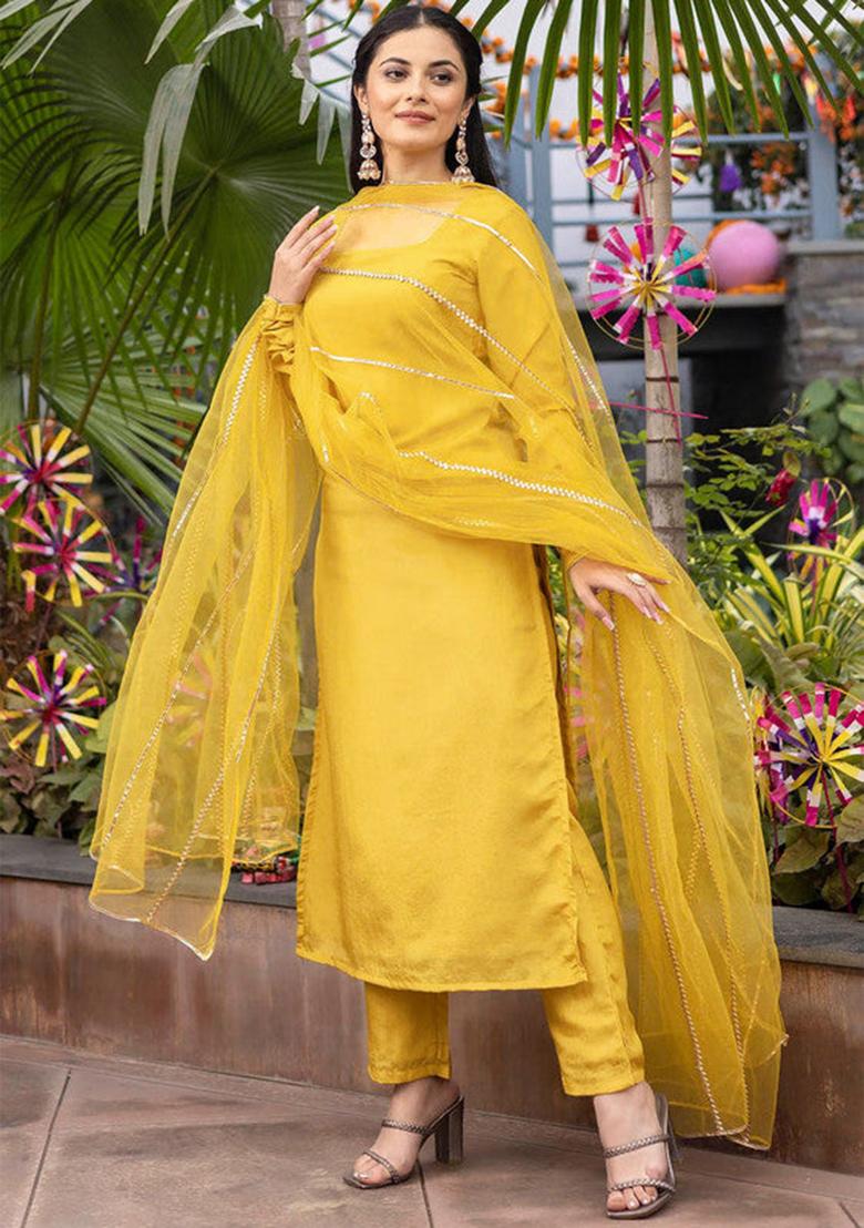 Yellow Solid Silk Kurta Set