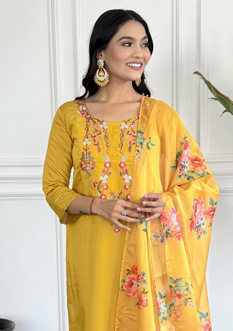 Yellow Embroidered Silk Kurta Set