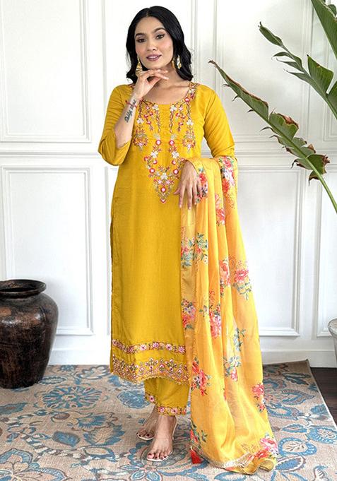 Yellow Embroidered Silk Kurta Set