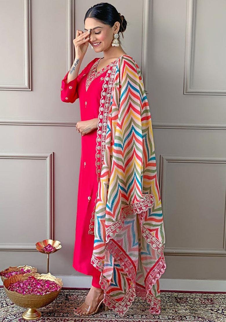 Pink Embroidered Silk Kurta Set