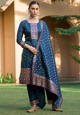Blue Woven Silk Kurta Set