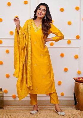 Mustard Embroidered Viscose Kurta Set