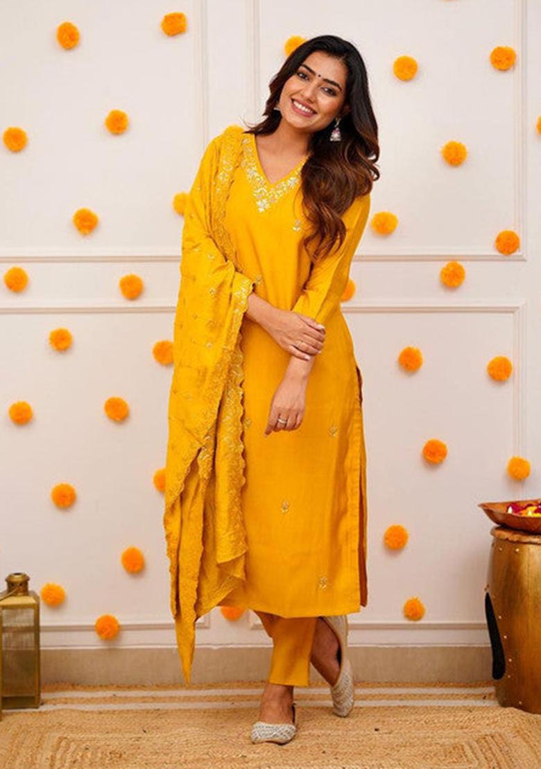 Mustard Embroidered Viscose Kurta Set
