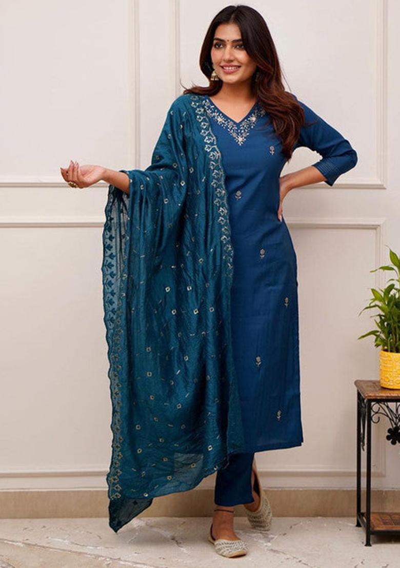 Blue Embroidered Viscose Kurta Set