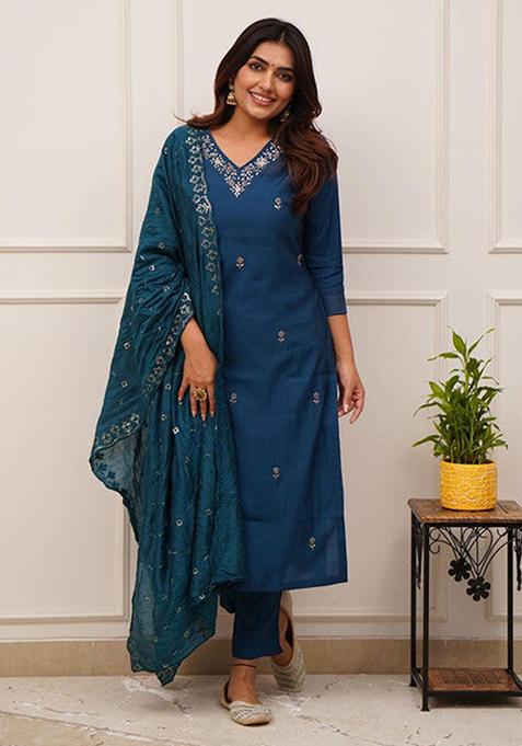 Blue Embroidered Viscose Kurta Set