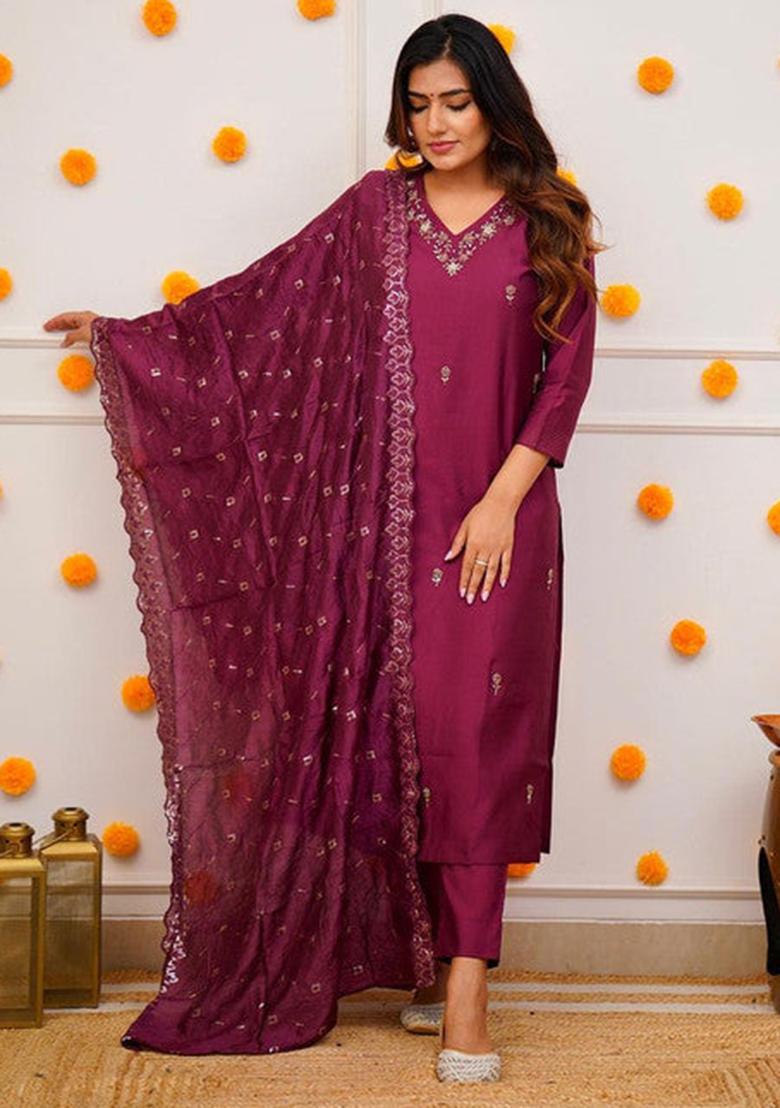 Maroon Embroidered Viscose Kurta Set