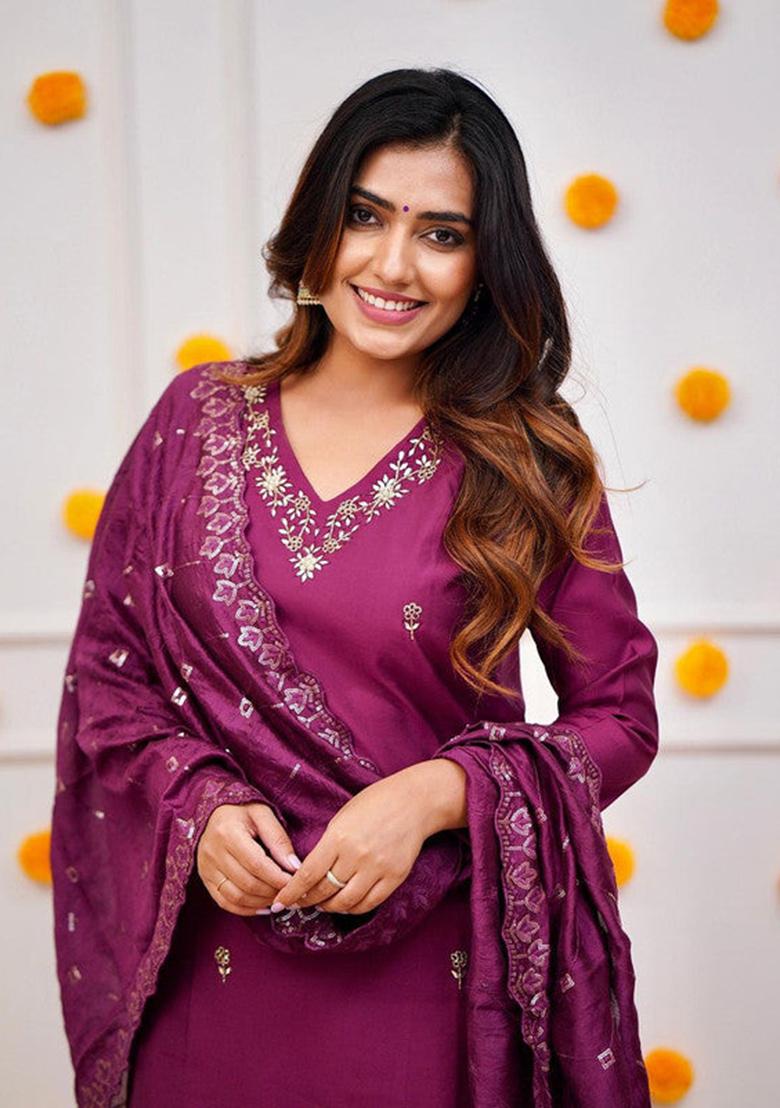 Maroon Embroidered Viscose Kurta Set