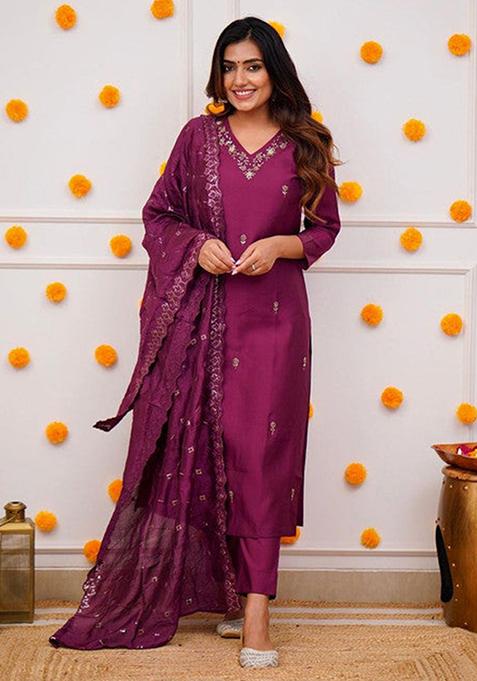Maroon Embroidered Viscose Kurta Set
