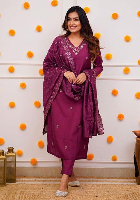 Maroon Embroidered Viscose Kurta Set