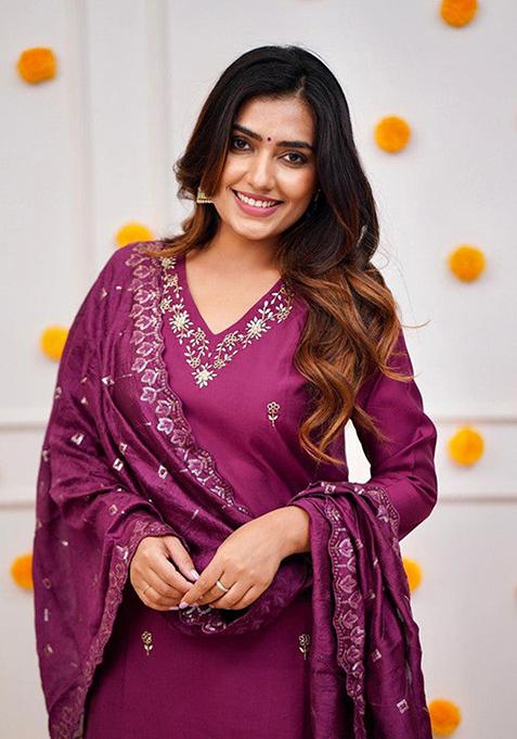 Maroon Embroidered Viscose Kurta Set