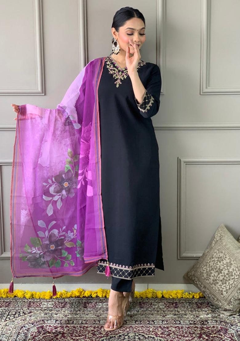 Black Embroidered Viscose Kurta Set