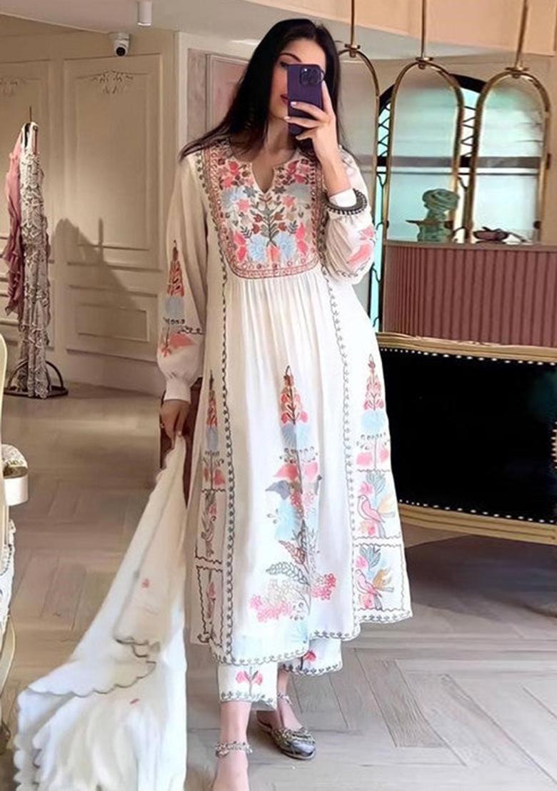 White Embroidered Georgette Kurta Set