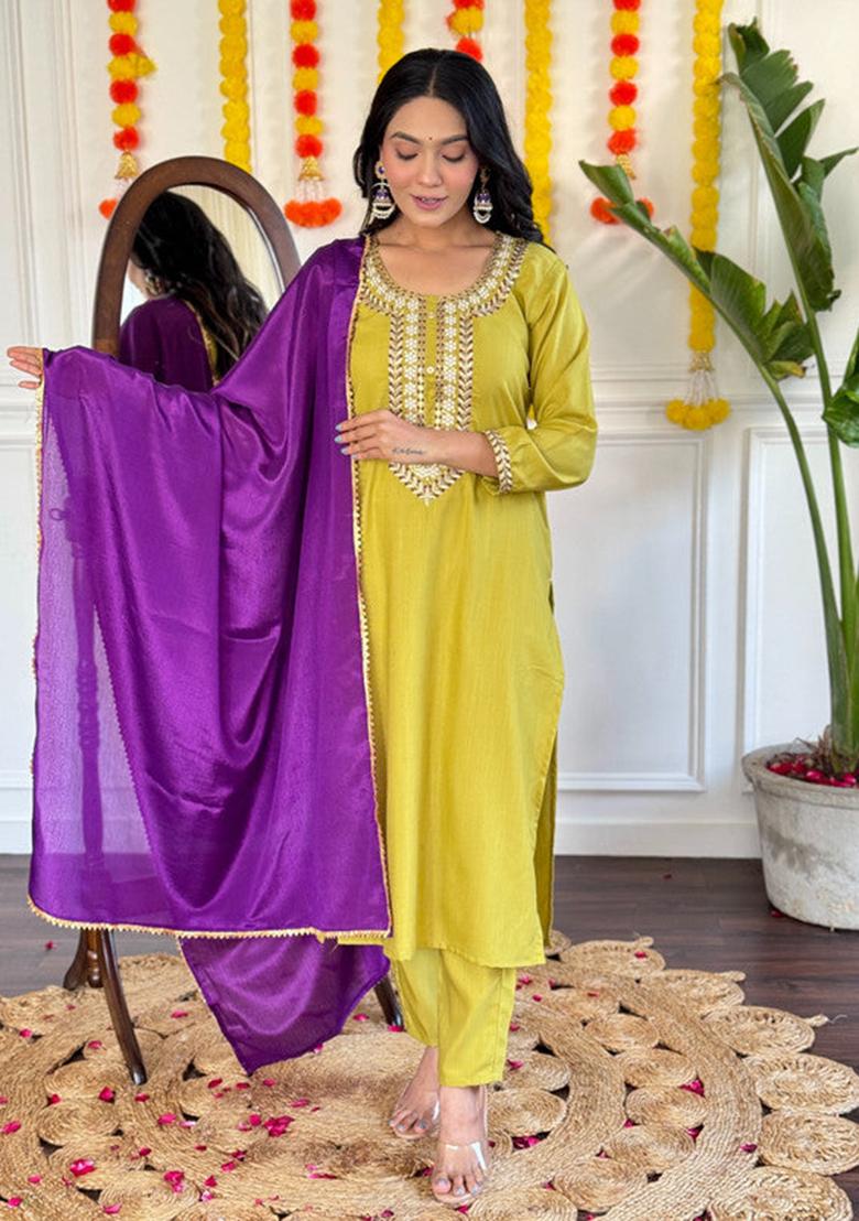 Mustard Embroidered Rayon Kurta Set