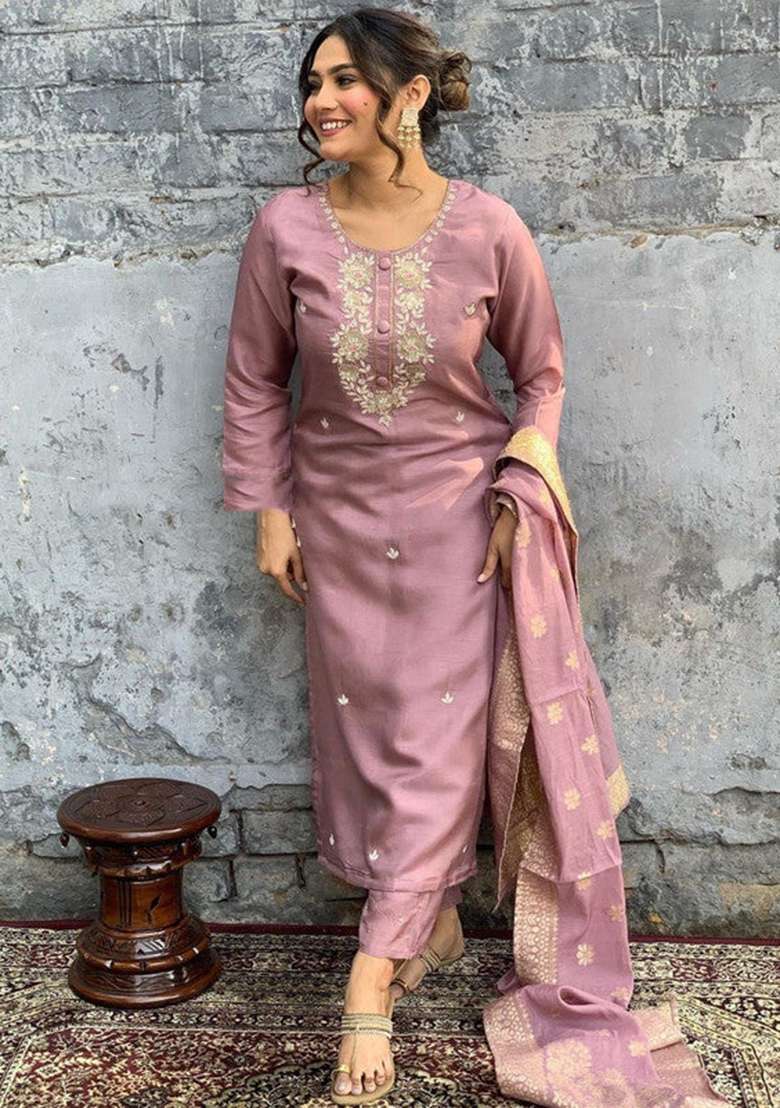 Pink Embroidered Viscose Straight Kurta Set - Indya