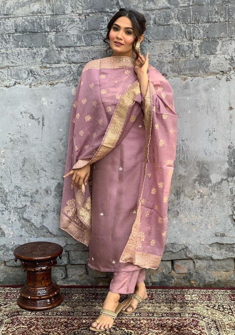 Pink Embroidered Viscose Kurta Set