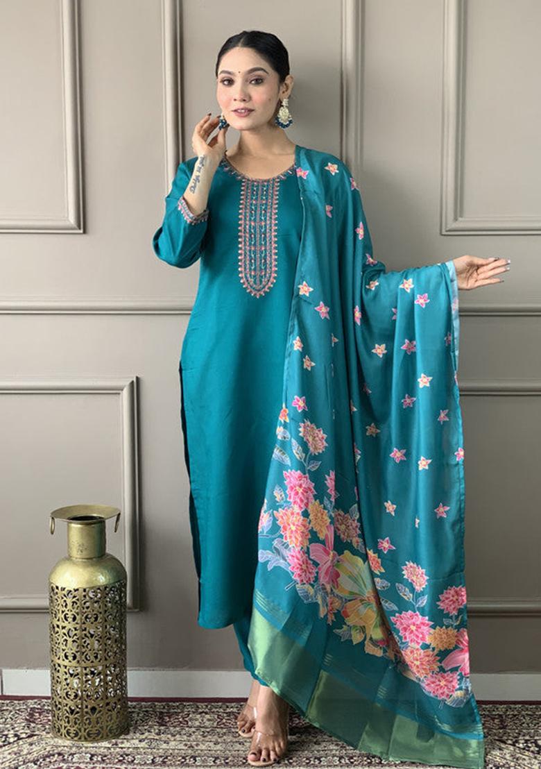 Teal Embroidered Viscose Kurta Set