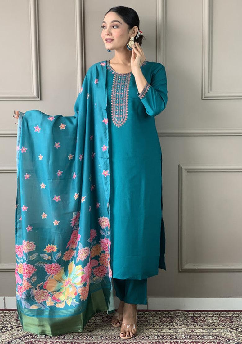 Teal Embroidered Viscose Kurta Set