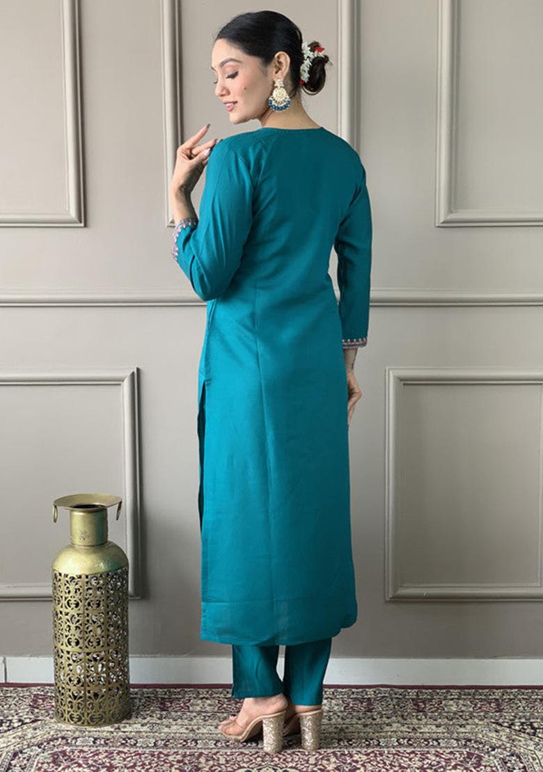 Teal Embroidered Viscose Kurta Set