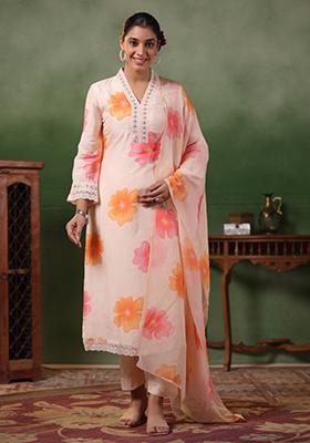 Peach Embroidered Crepe Kurta Set