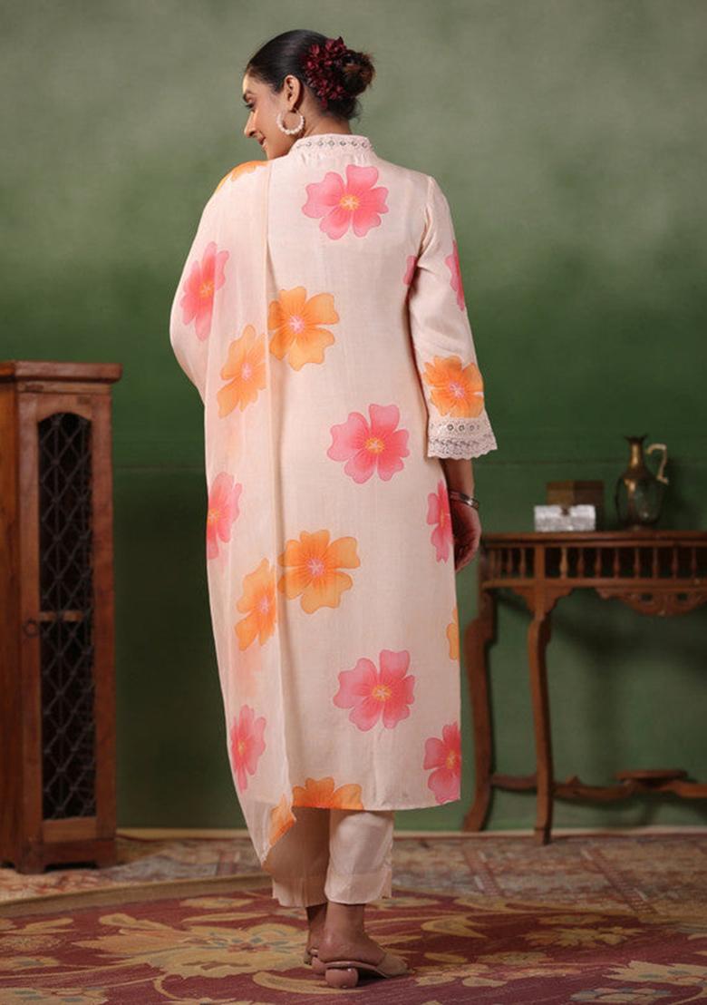 Peach Embroidered Crepe Kurta Set