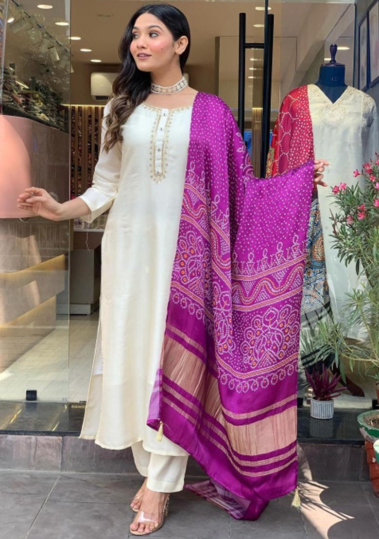 White Embroidered Viscose Kurta Set