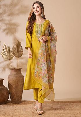 Mustard Embroidered Chanderi Kurta Set