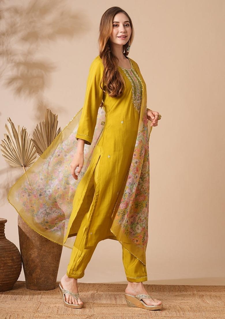 Mustard Embroidered Chanderi Kurta Set