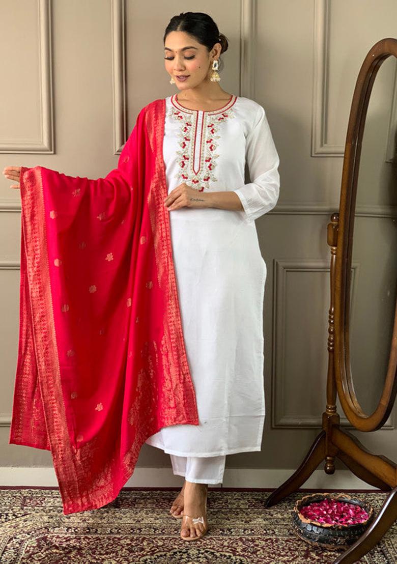 White Embroidered Viscose Kurta Set