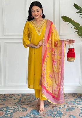 Mustard Embroidered Viscose Kurta Set