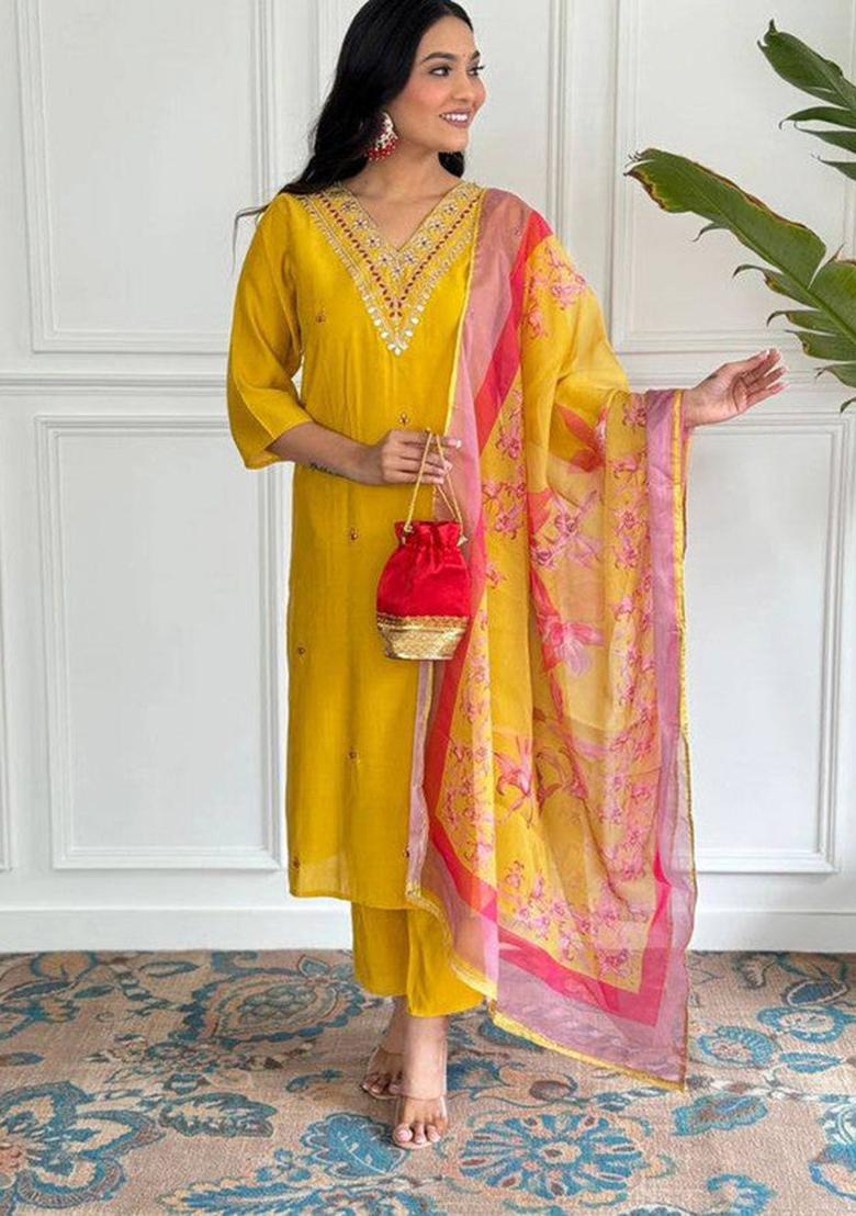 Mustard Embroidered Viscose Kurta Set