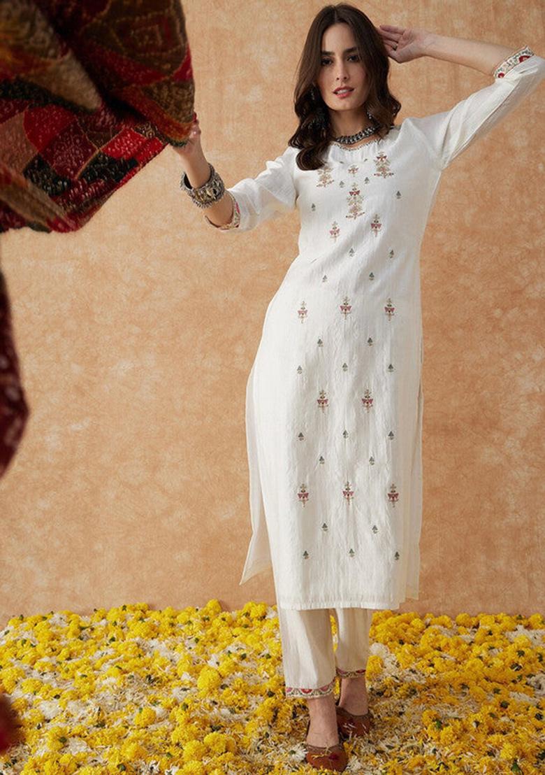 White Embroidered Chanderi Kurta Set