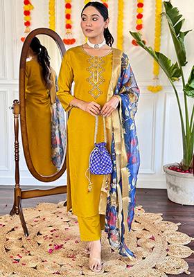 Mustard Embroidered Viscose Kurta Set