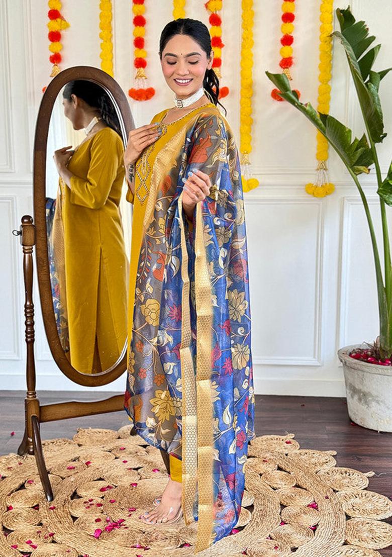Mustard Embroidered Viscose Kurta Set