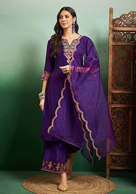 Purple Embroidered Chanderi Kurta Set