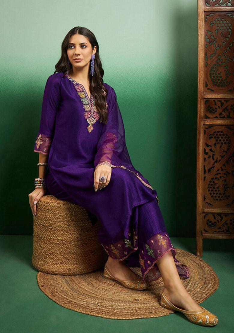 Purple Embroidered Chanderi Kurta Set